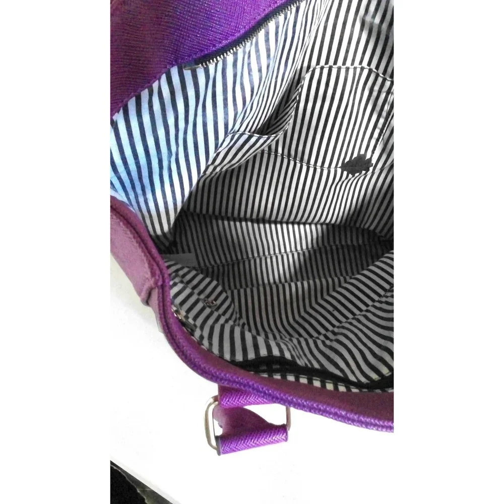 Purple Saffiano Faux Leather Tote Bag Gold Hardware Striped‎ Lining Shopper